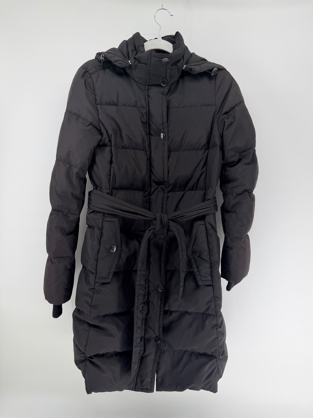 J.Crew Factory Black Belted Down Puffer Coat XS Hooded Long Preppy
